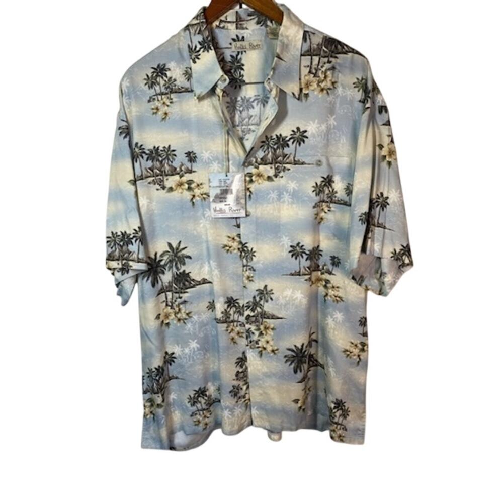 Hollis River Men’s Rayon Button‑Down • Light Blue Tropical Print • XL